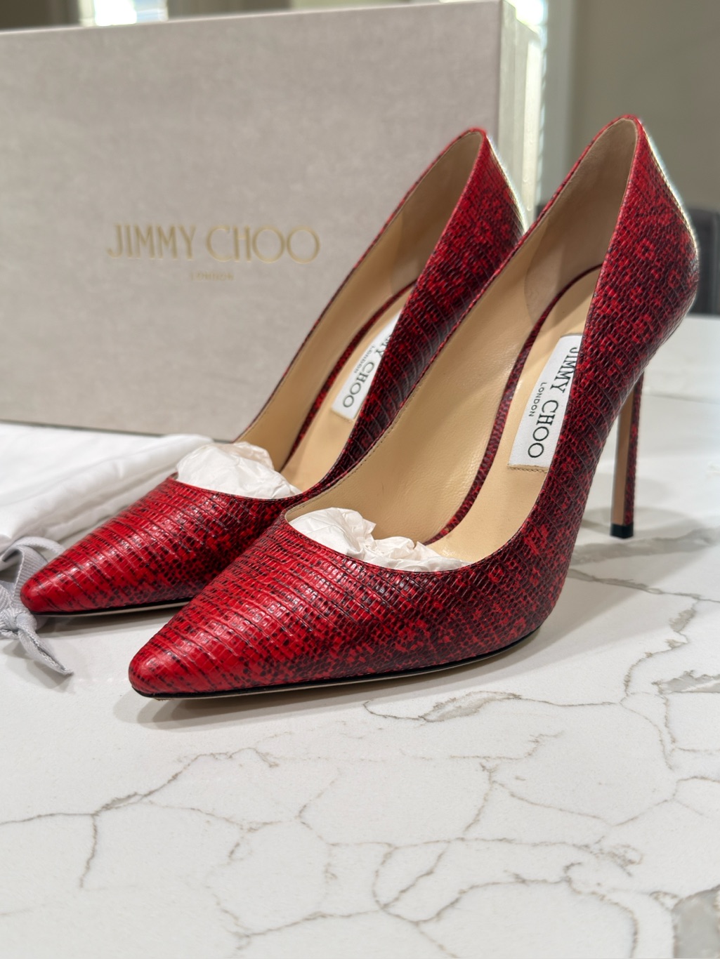 Jimmy Choo (London), Romy 100, Red Lizard Print Leather Heels